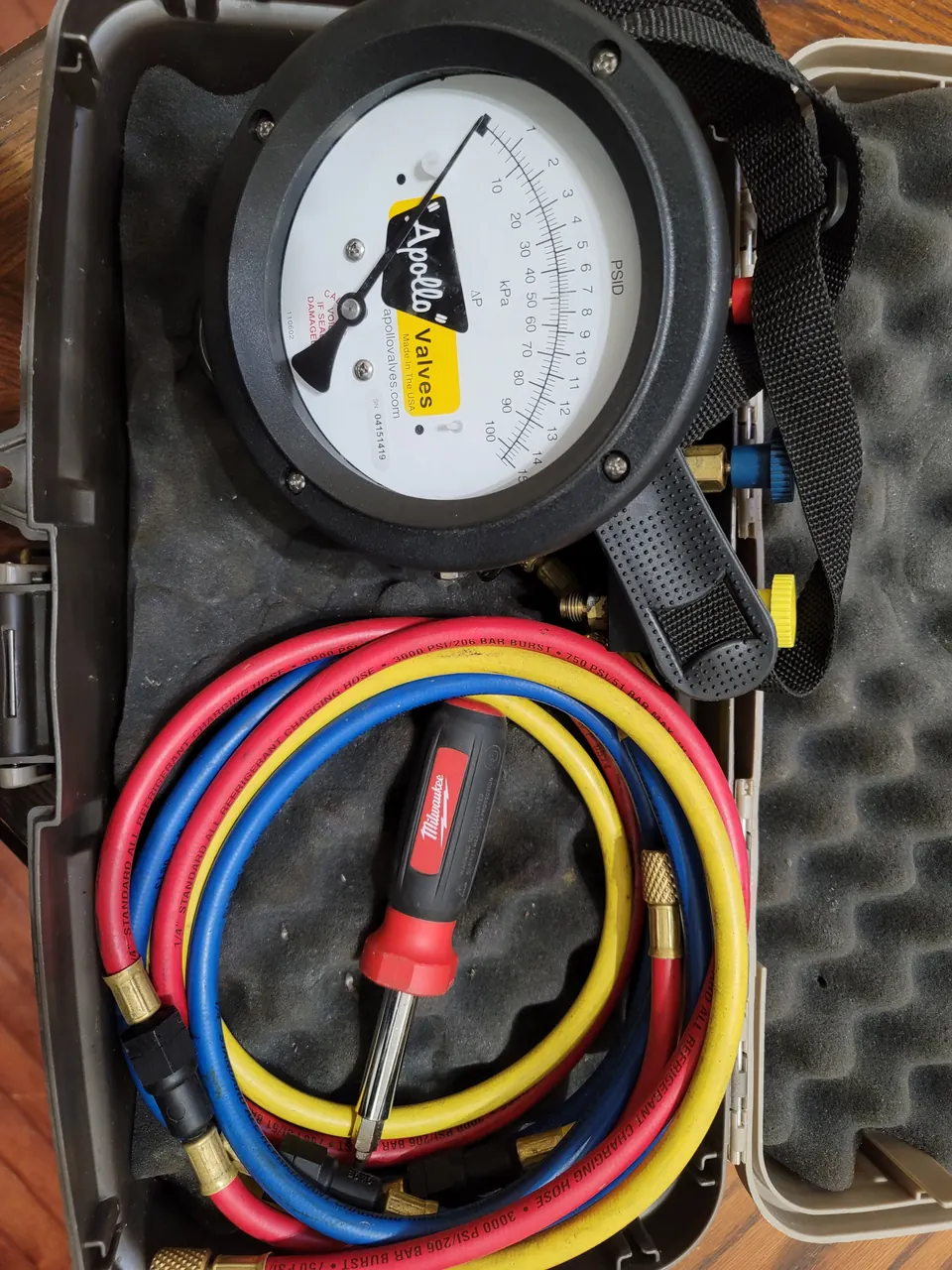 Backflow test kit with differential pressure gauge and test hoses