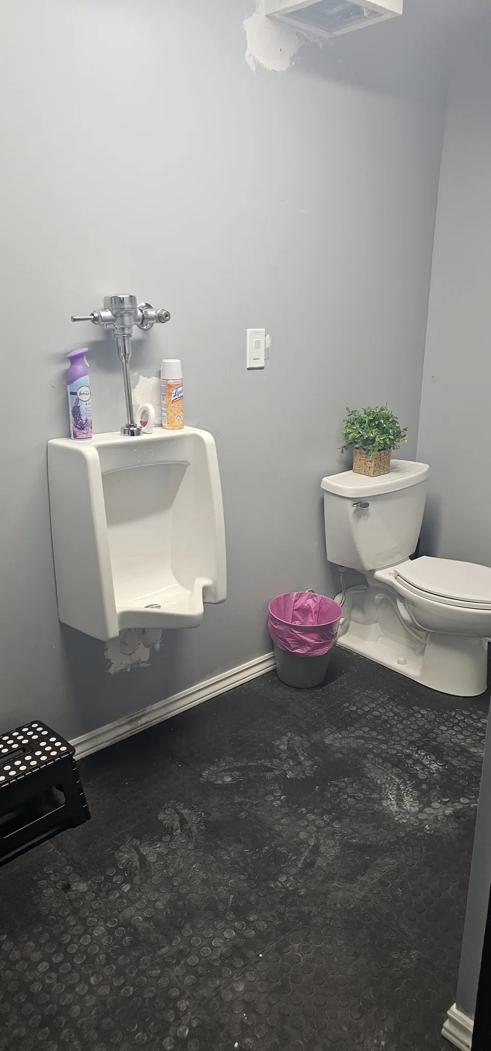 Commercial washroom with a flush-valve urinal and toilet