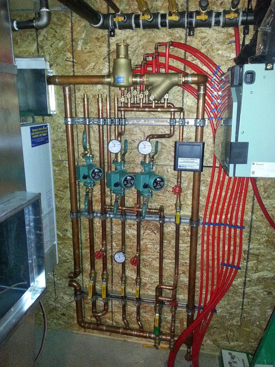 Hydronic heating panel with circulators, gauges and copper headers