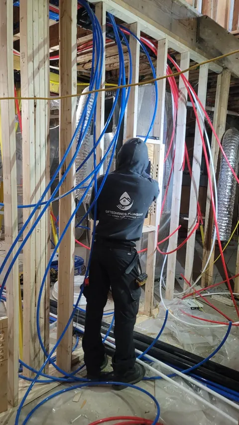 Plumber running PEX water lines through framing in a multi-unit building