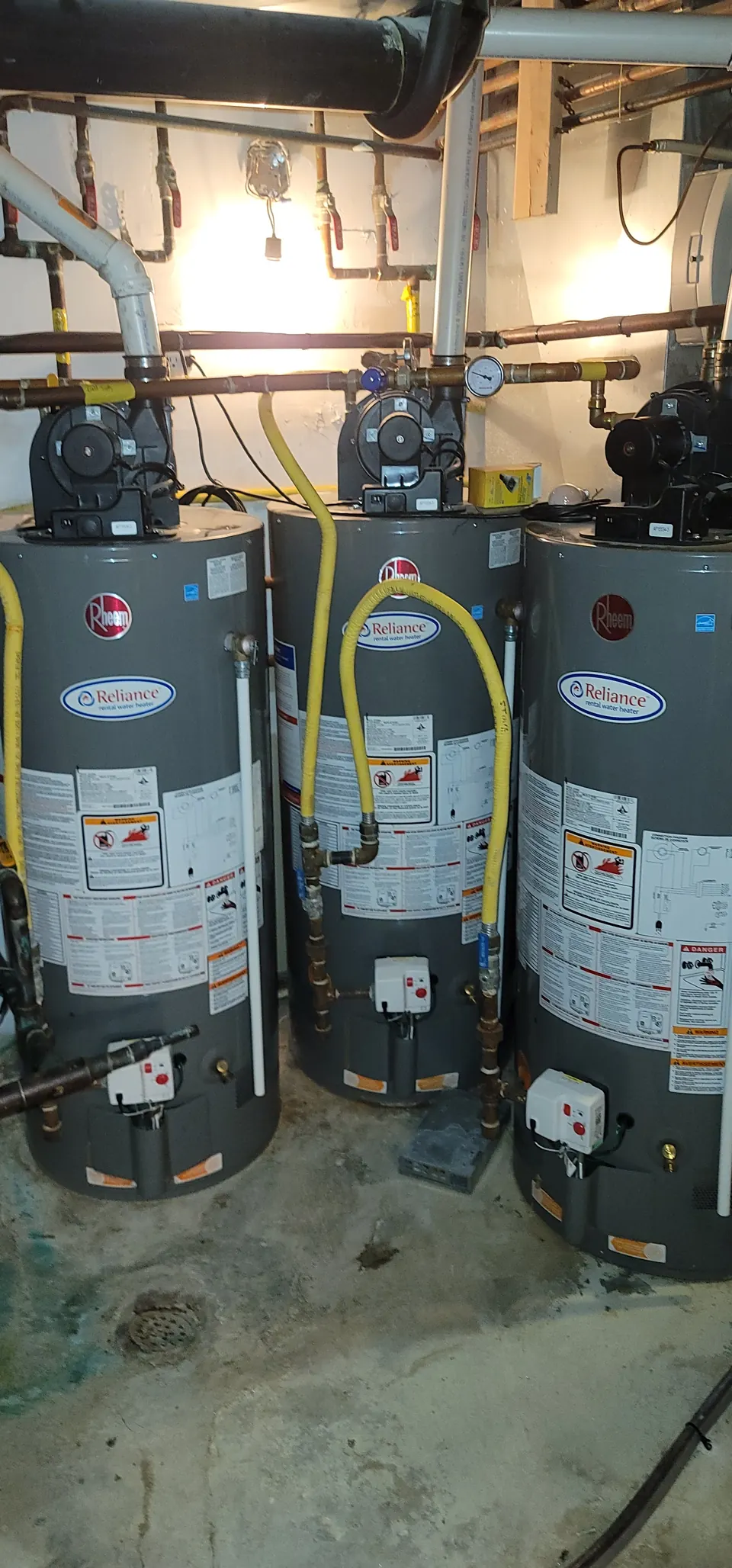 Three water heaters installed side by side with venting and gas piping