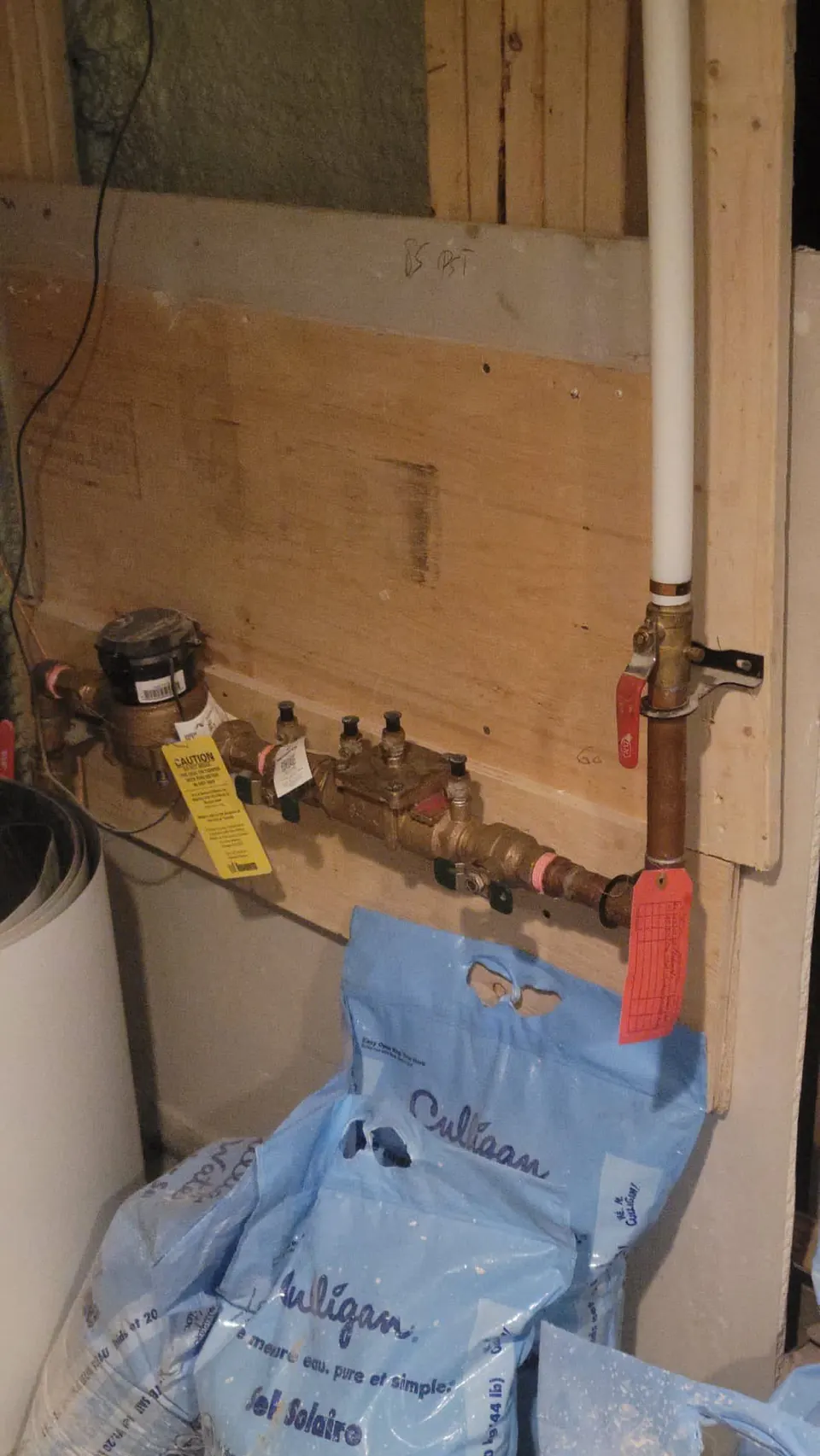 Water service entry with meter, valves and water treatment